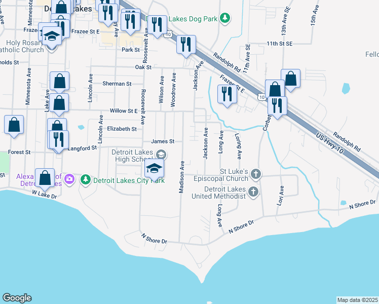 map of restaurants, bars, coffee shops, grocery stores, and more near 1313 Madison Avenue in Detroit Lakes