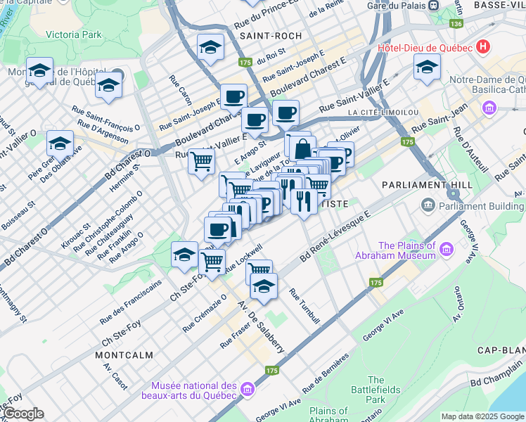 map of restaurants, bars, coffee shops, grocery stores, and more near 284 Rue D'Aiguillon in Ville de Québec