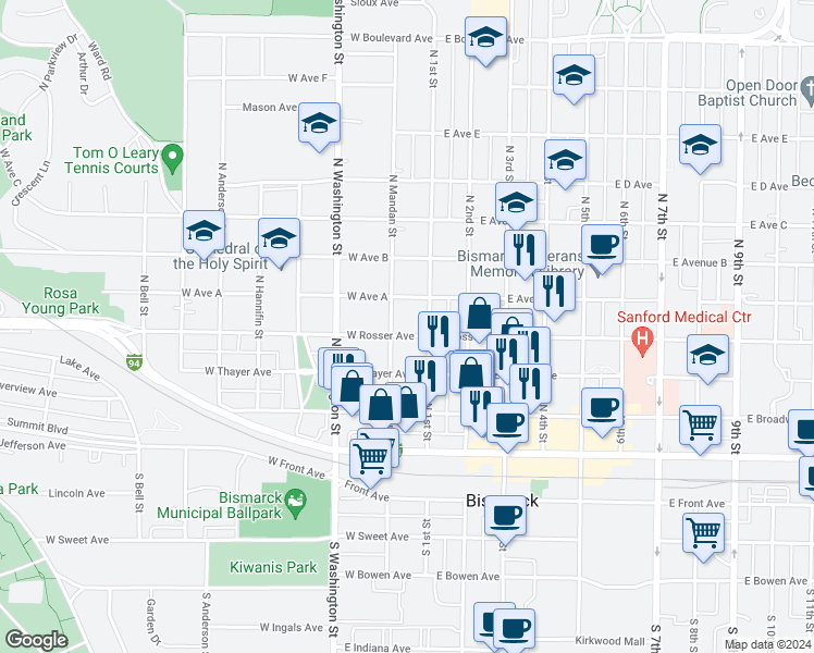 map of restaurants, bars, coffee shops, grocery stores, and more near 114 West Rosser Avenue in Bismarck