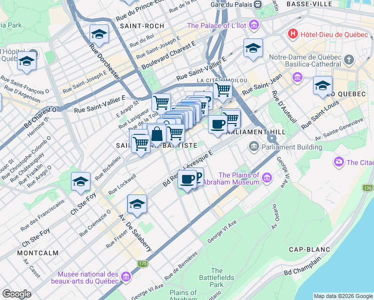 map of restaurants, bars, coffee shops, grocery stores, and more near 910 Rue Berthelot in Québec
