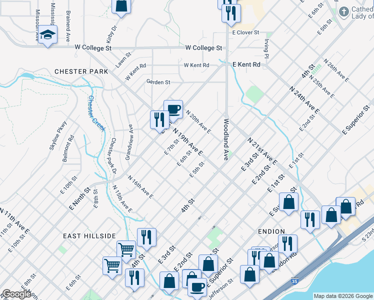 map of restaurants, bars, coffee shops, grocery stores, and more near 1821 East 6th Street in Duluth