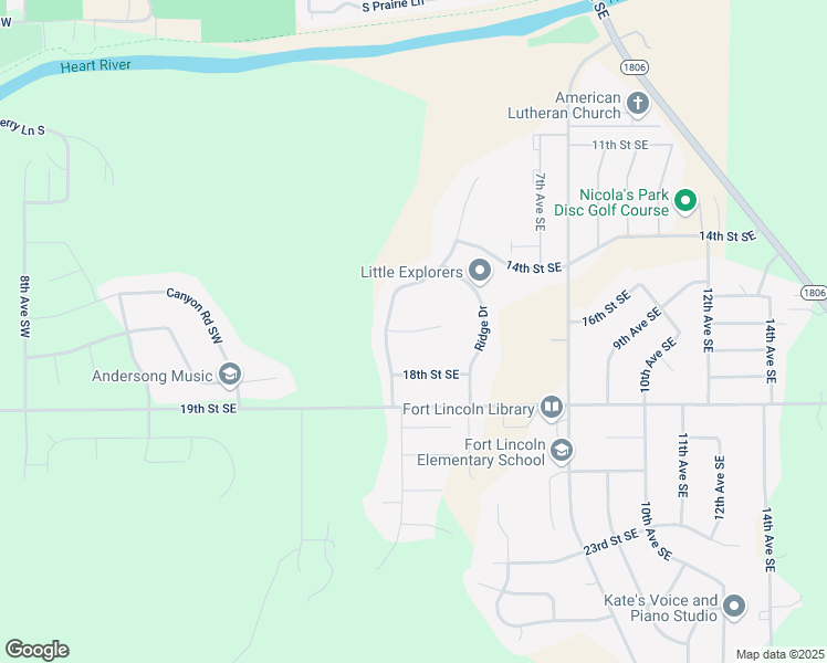 map of restaurants, bars, coffee shops, grocery stores, and more near Fields Court Southeast in Mandan