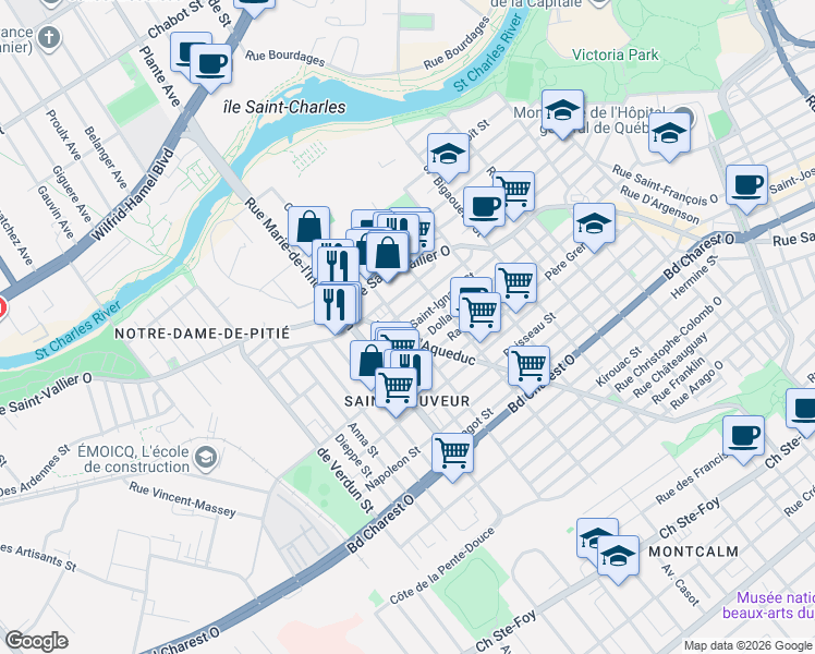 map of restaurants, bars, coffee shops, grocery stores, and more near 245 Rue Montmagny in Québec