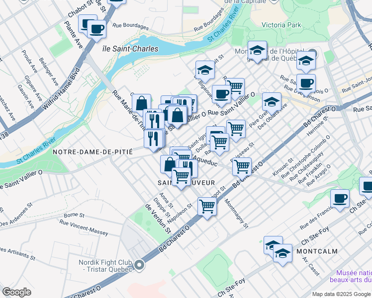 map of restaurants, bars, coffee shops, grocery stores, and more near 245 Rue Montmagny in Québec
