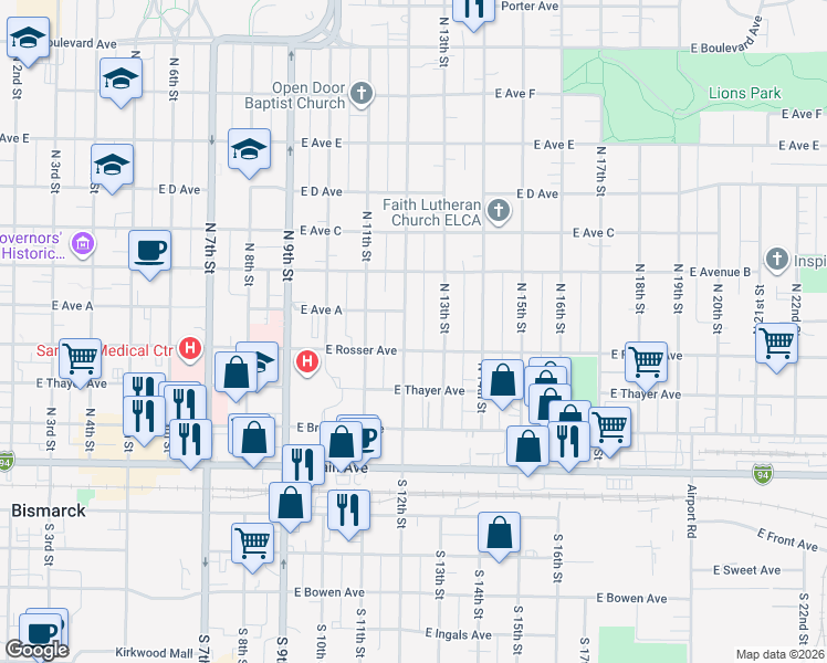 map of restaurants, bars, coffee shops, grocery stores, and more near 412 North 13th Street in Bismarck