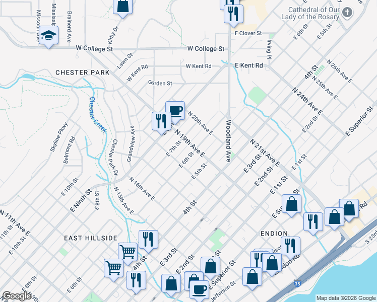 map of restaurants, bars, coffee shops, grocery stores, and more near 1821 East 6th Street in Duluth