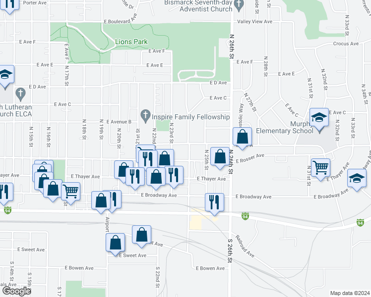 map of restaurants, bars, coffee shops, grocery stores, and more near 416 North 24th Street in Bismarck