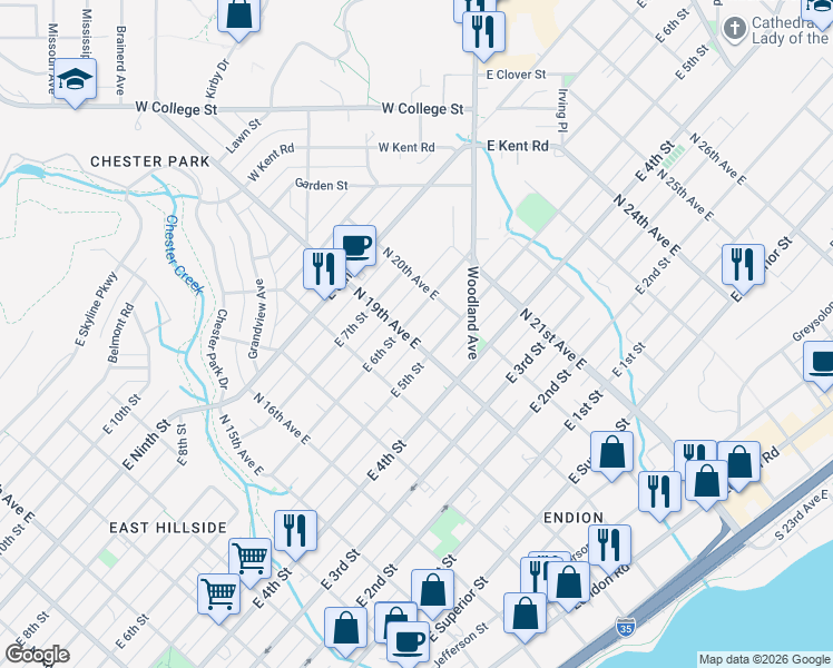map of restaurants, bars, coffee shops, grocery stores, and more near 518 North 19th Avenue East in Duluth