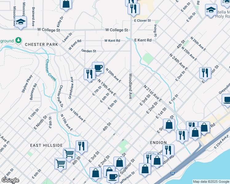 map of restaurants, bars, coffee shops, grocery stores, and more near 518 North 19th Avenue East in Duluth