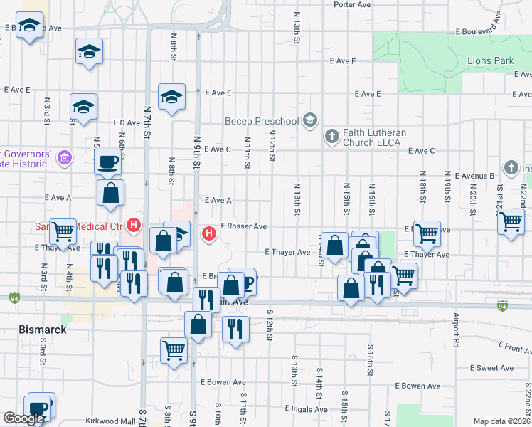 map of restaurants, bars, coffee shops, grocery stores, and more near 410 North 12th Street in Bismarck