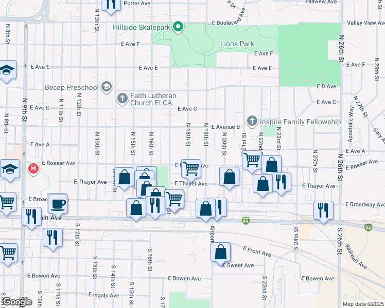 map of restaurants, bars, coffee shops, grocery stores, and more near 417 North 18th Street in Bismarck