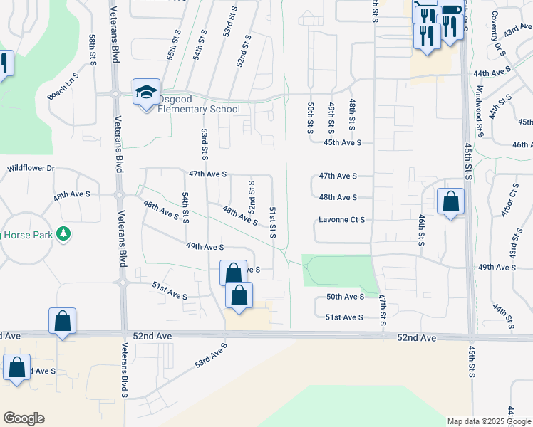 map of restaurants, bars, coffee shops, grocery stores, and more near 4769 51st Street South in Fargo