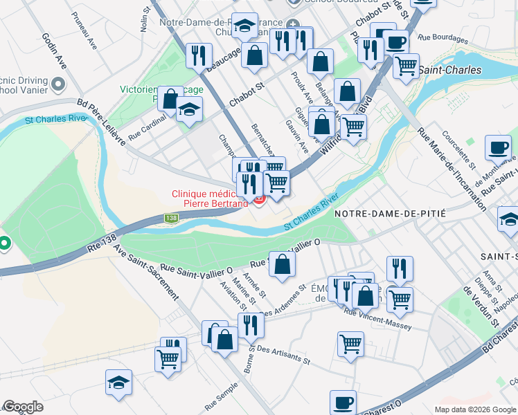 map of restaurants, bars, coffee shops, grocery stores, and more near 1101 Boulevard Wilfrid-Hamel in Québec