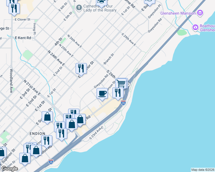 map of restaurants, bars, coffee shops, grocery stores, and more near 2507 Jefferson Street in Duluth