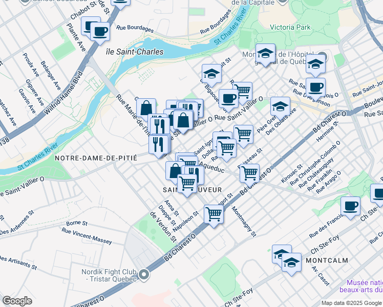 map of restaurants, bars, coffee shops, grocery stores, and more near 243 Rue Montmagny in Ville de Québec