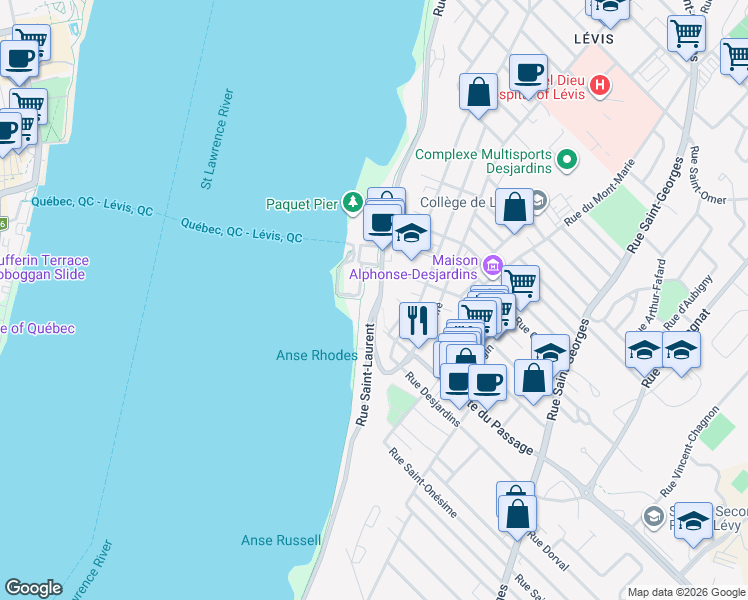 map of restaurants, bars, coffee shops, grocery stores, and more near 5915 Rue Saint-Laurent in Lévis
