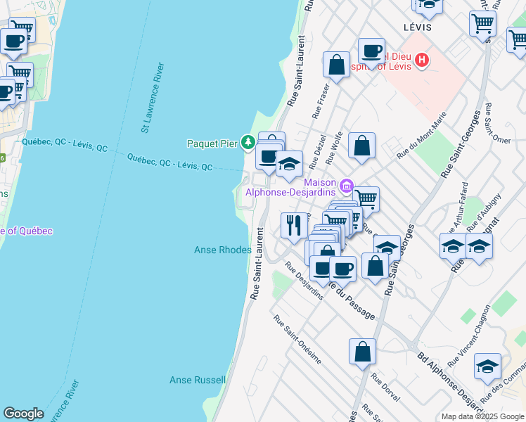 map of restaurants, bars, coffee shops, grocery stores, and more near 5915 Rue Saint-Laurent in Lévis