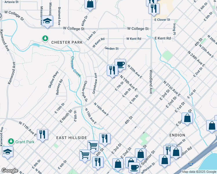 map of restaurants, bars, coffee shops, grocery stores, and more near 1718 East 8th Street in Duluth