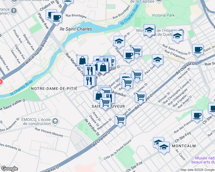 map of restaurants, bars, coffee shops, grocery stores, and more near 239 Montmagny Street in Québec City