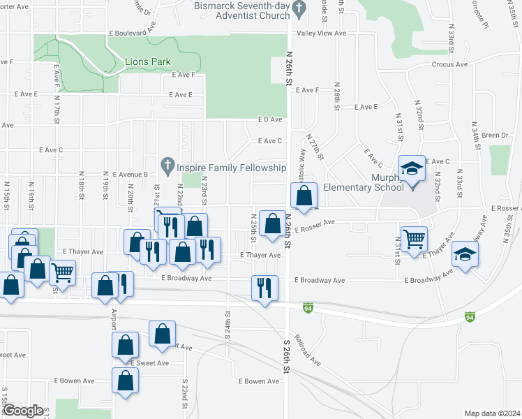 map of restaurants, bars, coffee shops, grocery stores, and more near 421 North 25th Street in Bismarck