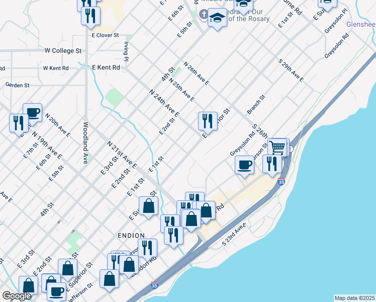 map of restaurants, bars, coffee shops, grocery stores, and more near in Duluth