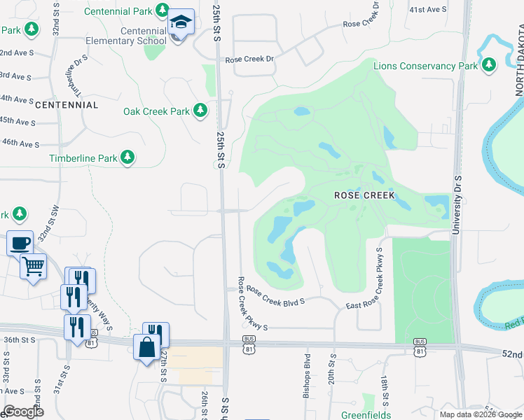 map of restaurants, bars, coffee shops, grocery stores, and more near 4738 Rose Creek Pkwy S in Fargo