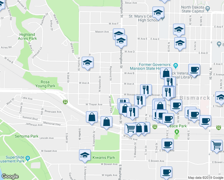 map of restaurants, bars, coffee shops, grocery stores, and more near 411 Raymond Street in Bismarck