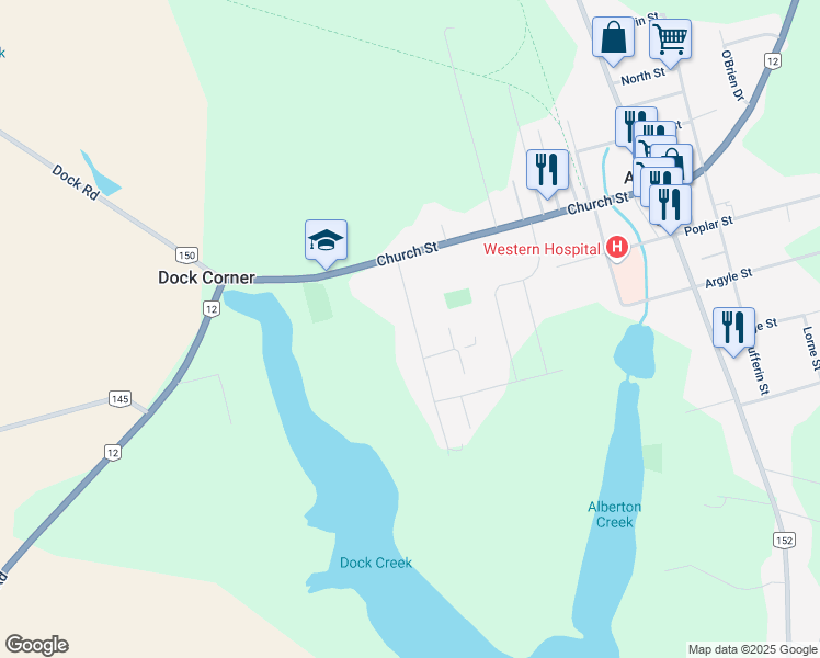 map of restaurants, bars, coffee shops, grocery stores, and more near 29 Elder Street in Alberton