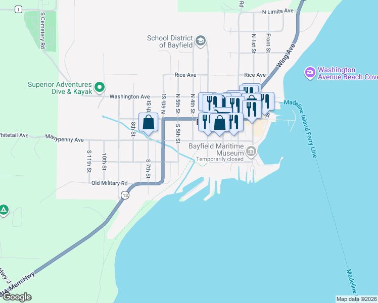 map of restaurants, bars, coffee shops, grocery stores, and more near 117 North 4th Street in Bayfield