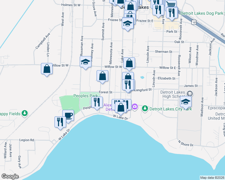 map of restaurants, bars, coffee shops, grocery stores, and more near 1251 Minnesota Avenue in Detroit Lakes