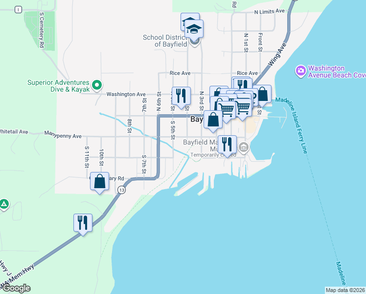 map of restaurants, bars, coffee shops, grocery stores, and more near 117 North 4th Street in Bayfield
