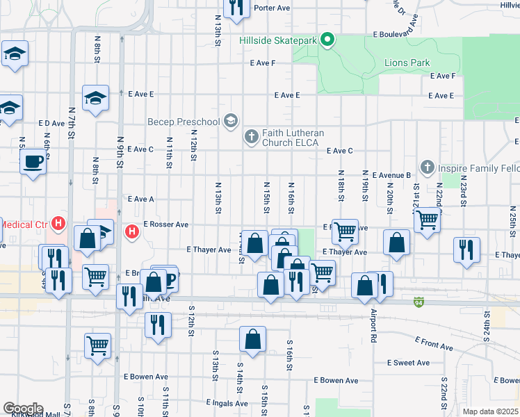 map of restaurants, bars, coffee shops, grocery stores, and more near 416 North 15th Street in Bismarck