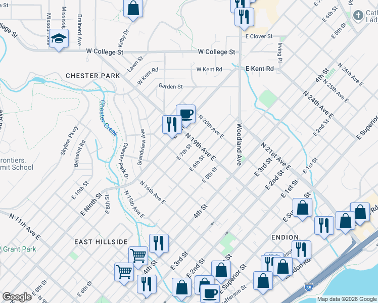 map of restaurants, bars, coffee shops, grocery stores, and more near 1821 East 6th Street in Duluth