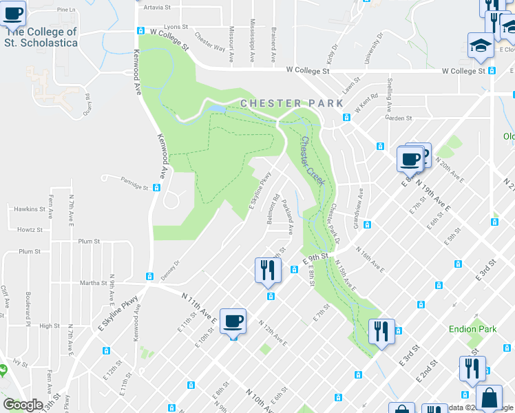 map of restaurants, bars, coffee shops, grocery stores, and more near 1414 East Skyline Parkway in Duluth