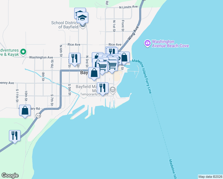 map of restaurants, bars, coffee shops, grocery stores, and more near 125 South 1st Street in Bayfield