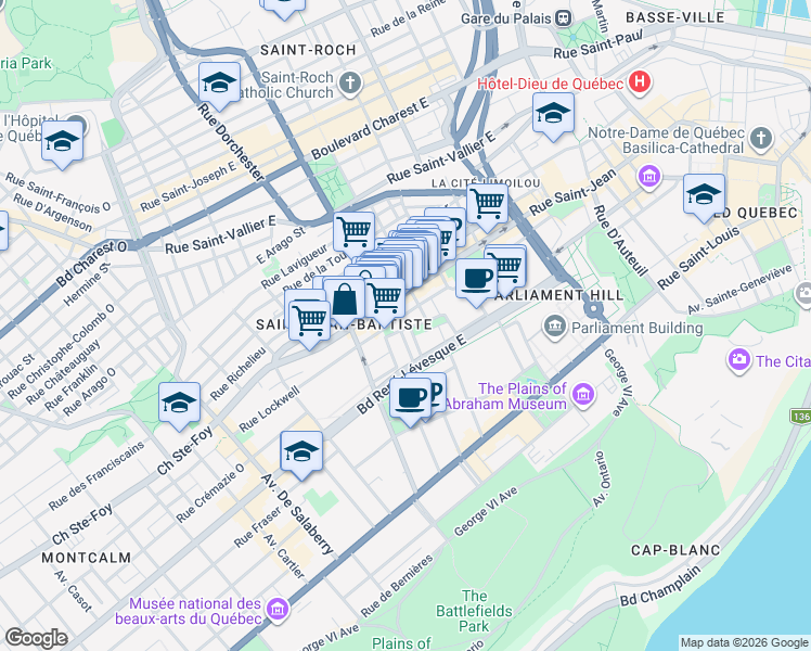 map of restaurants, bars, coffee shops, grocery stores, and more near 548 Rue Saint-Patrick in Québec