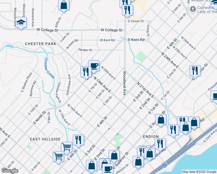 map of restaurants, bars, coffee shops, grocery stores, and more near 518 North 19th Avenue East in Duluth