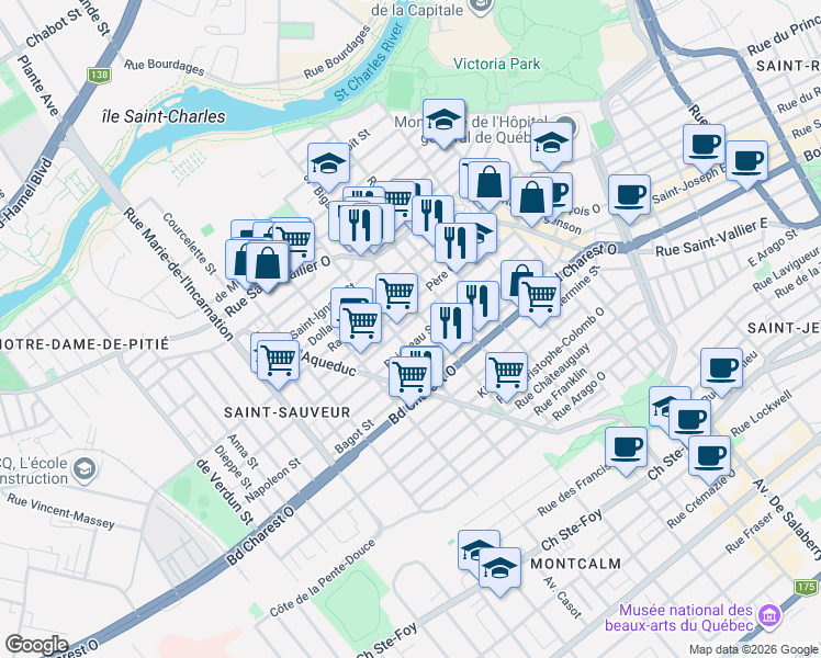 map of restaurants, bars, coffee shops, grocery stores, and more near 525 Avenue des Oblats in Québec