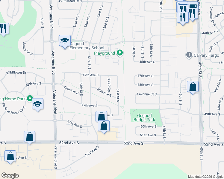 map of restaurants, bars, coffee shops, grocery stores, and more near 4769 51st Street South in Fargo