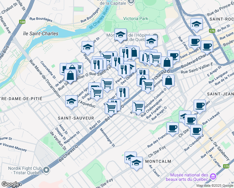 map of restaurants, bars, coffee shops, grocery stores, and more near Rue Boisseau in Ville de Québec