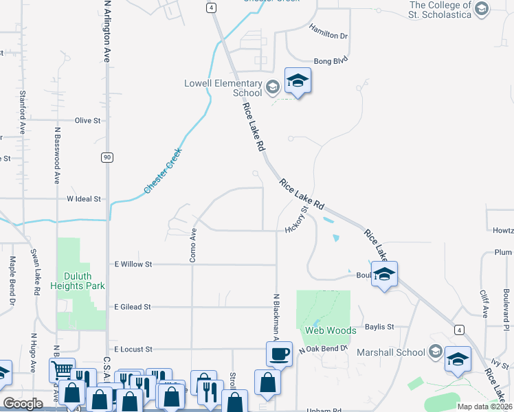map of restaurants, bars, coffee shops, grocery stores, and more near 1111 Butternut Avenue in Duluth