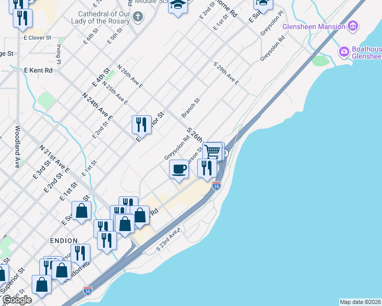 map of restaurants, bars, coffee shops, grocery stores, and more near 2517 Jefferson Street in Duluth