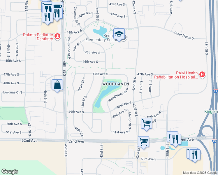 map of restaurants, bars, coffee shops, grocery stores, and more near 4802 Woodhaven Street South in Fargo