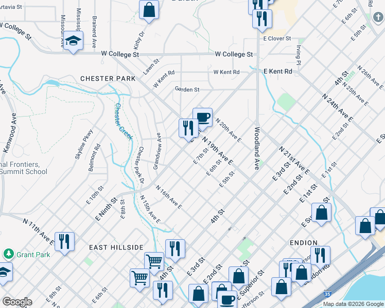 map of restaurants, bars, coffee shops, grocery stores, and more near 710 North 18th Avenue East in Duluth