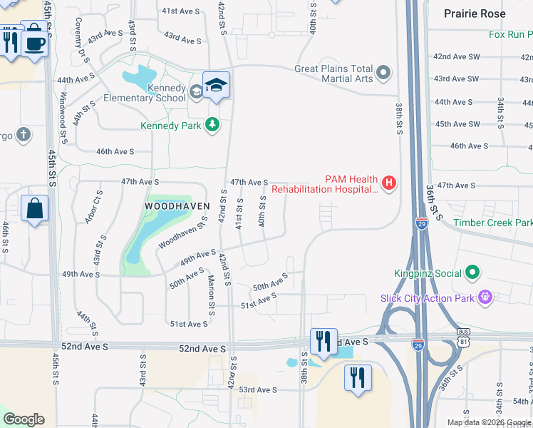 map of restaurants, bars, coffee shops, grocery stores, and more near 4927-5153 38th Street Southwest in Fargo