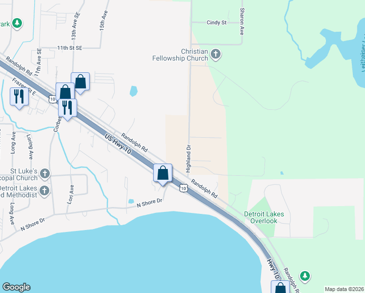 map of restaurants, bars, coffee shops, grocery stores, and more near 16490 Highland Drive in Detroit Lakes