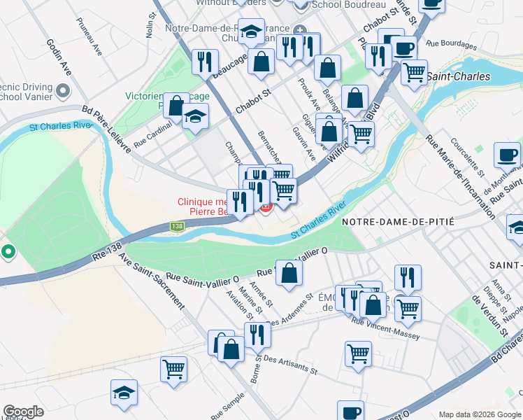map of restaurants, bars, coffee shops, grocery stores, and more near 1101 Boulevard Wilfrid-Hamel in Québec