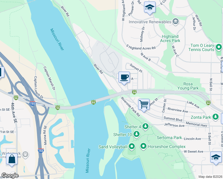 map of restaurants, bars, coffee shops, grocery stores, and more near 400 River Road in Bismarck