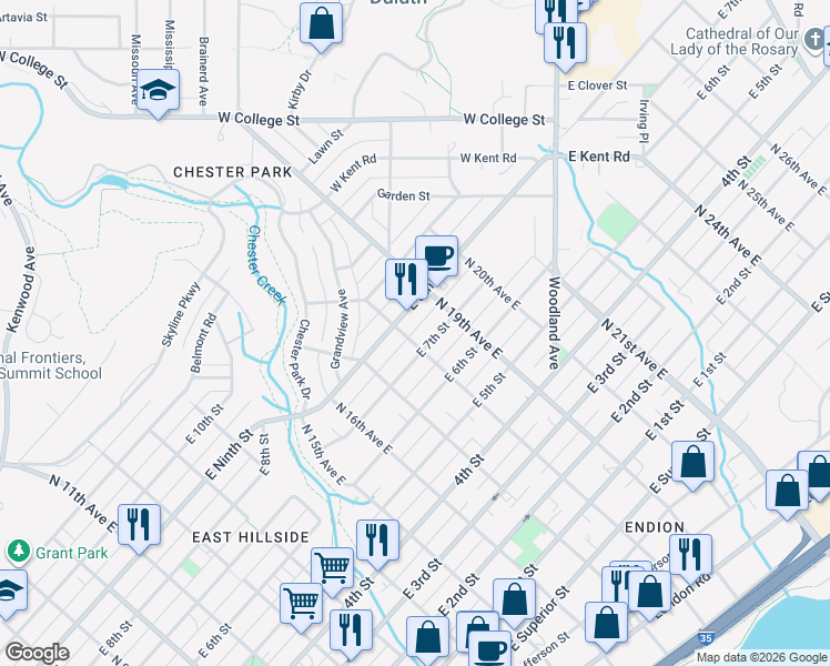 map of restaurants, bars, coffee shops, grocery stores, and more near 710 North 18th Avenue East in Duluth