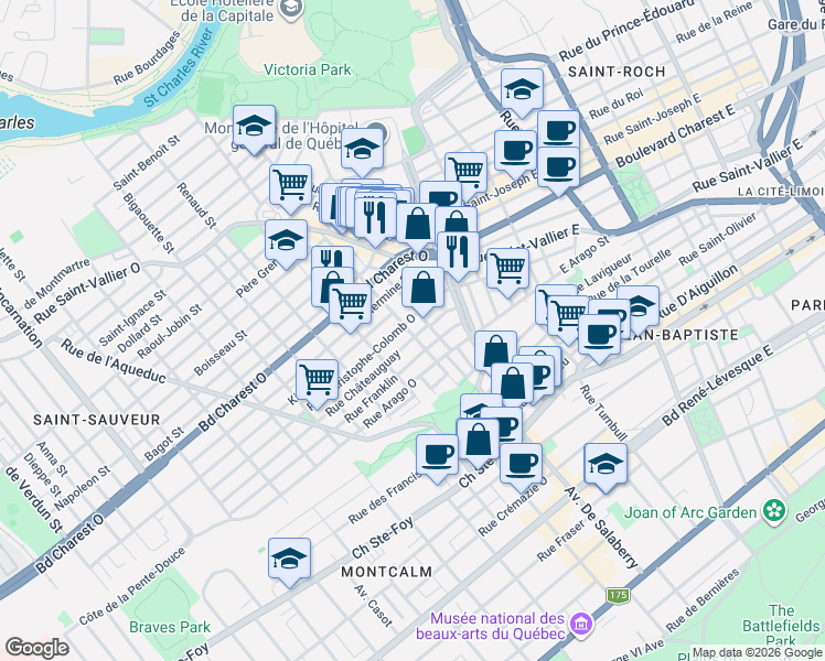 map of restaurants, bars, coffee shops, grocery stores, and more near 543 Rue de Mazenod in Québec